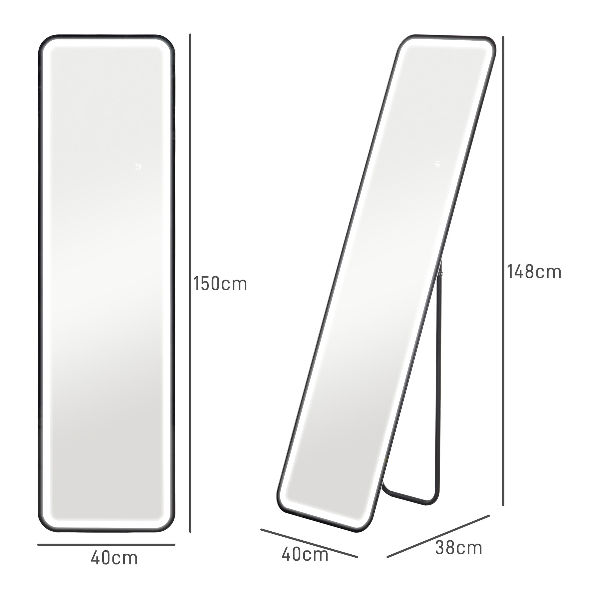 Espejo de Cuerpo Entero con Luz LED 150x40 cm Espejo de Pie o de Pared sin Marco con Iluminación de 3 Colores Función de Memoria y Táctil Inteligente para Salón Dormitorio Negro