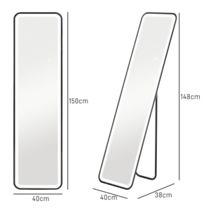 Espejo de Cuerpo Entero con Luz LED 150x40 cm Espejo de Pie o de Pared sin Marco con Iluminación de 3 Colores Función de Memoria y Táctil Inteligente para Salón Dormitorio Negro