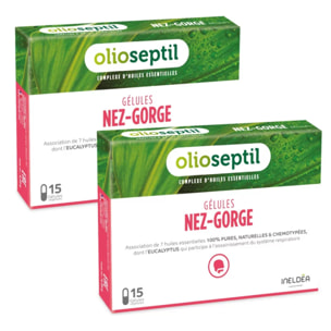 OLIOSEPTIL - Gélules Nez-Gorge - Complexe de 7 Huiles Essentielles Pures et Chémotypées - Assainit le Système Respiratoire & Apaise la Gorge - Dès 15 Ans - Lot de 2 produits