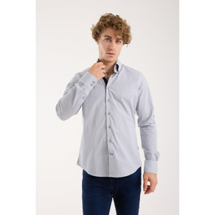 Camicia Uomo 2 Bottoni Button Down Slim Popeline Stretch Stampato Bianco e Blu