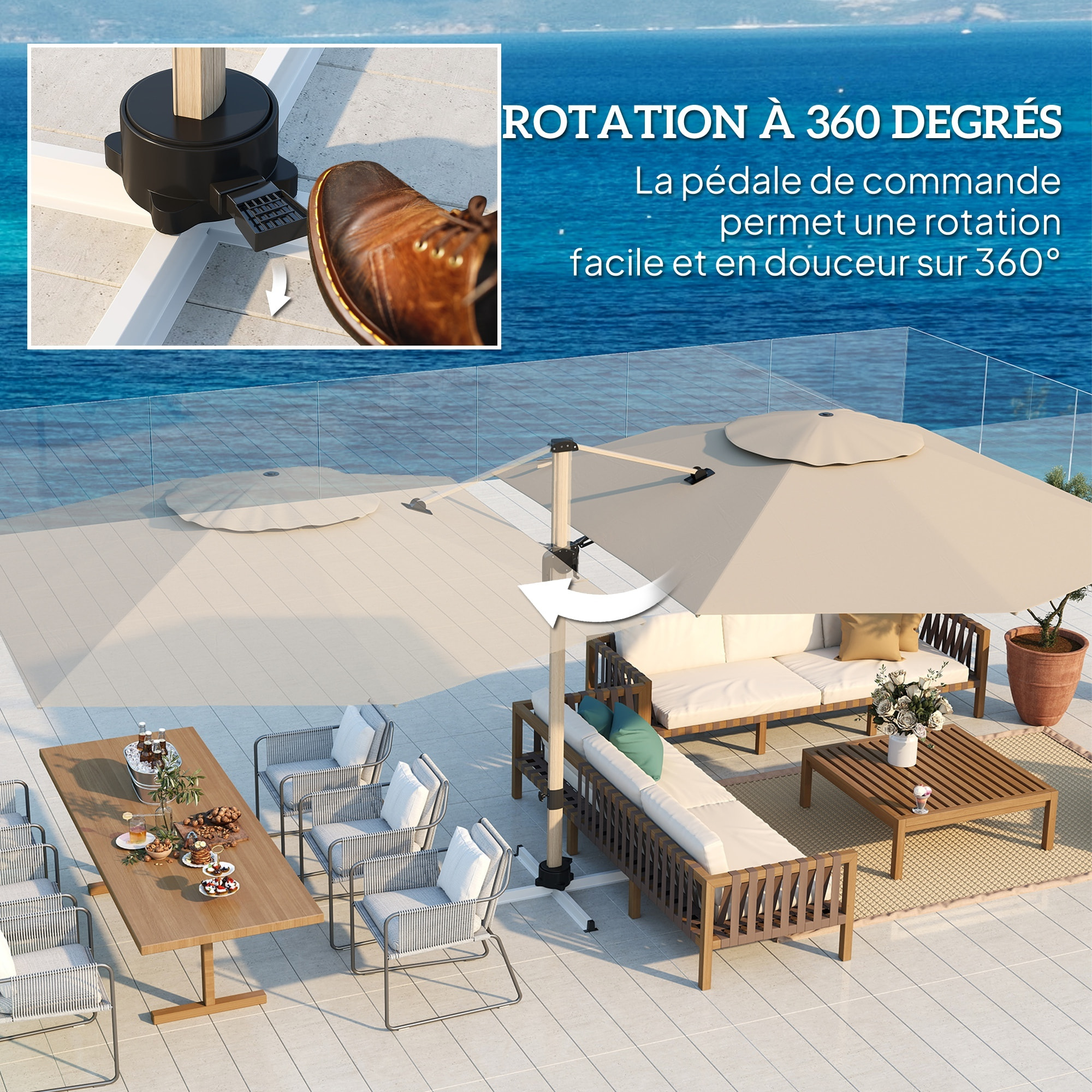 Parasol déporté hexagonal inclinable pivotant dim. 4,2L x 3l x 2,7H m alu effet bois polyester anti-UV UPF50+ kaki