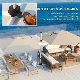 Parasol déporté hexagonal inclinable pivotant dim. 4,2L x 3l x 2,7H m alu effet bois polyester anti-UV UPF50+ kaki