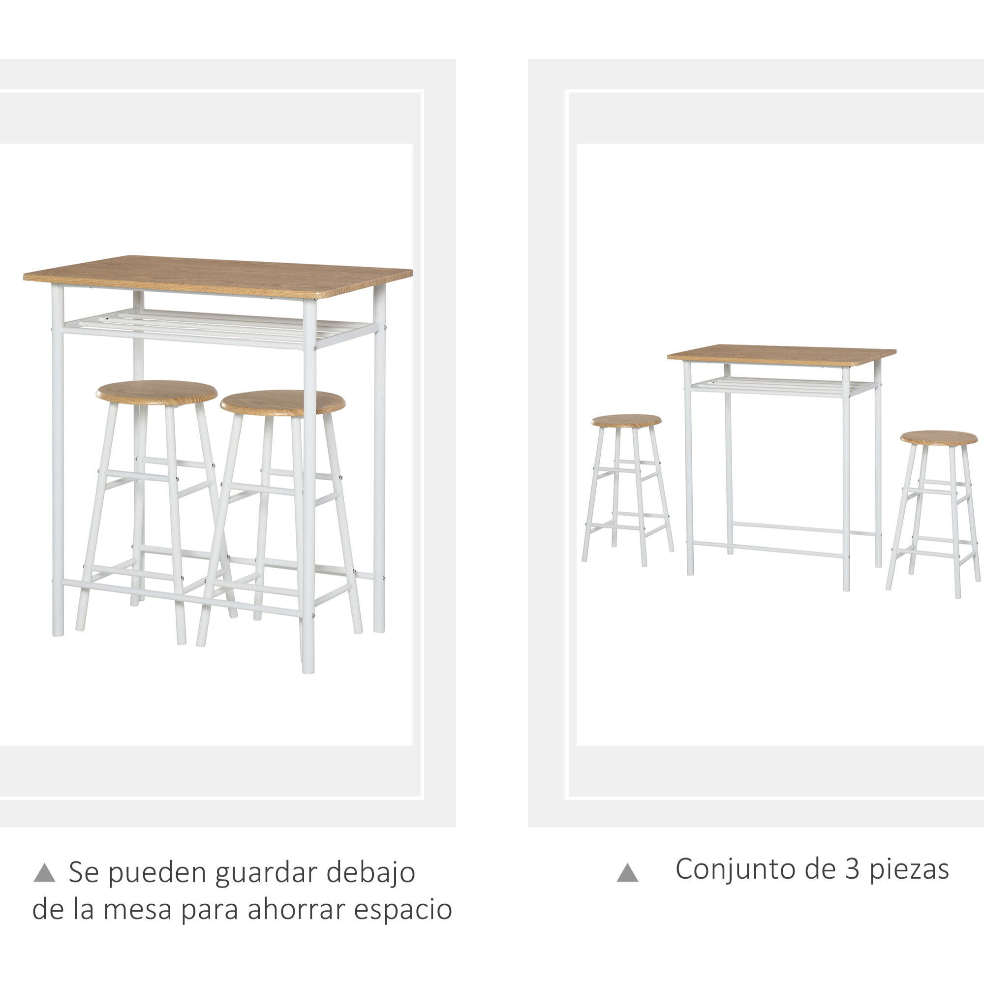 HOMCOM Juego de Mueble de Bar Set de Mesa Alta y 2 Taburetes con Estante de Almacenamiento y Marco de Metal para Cocina Comedor 80x50x90 cm Blanco y Natural