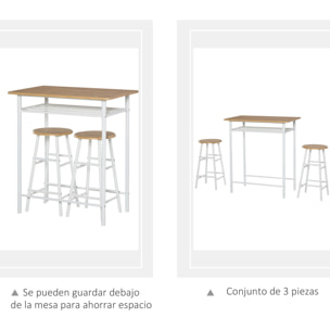 HOMCOM Juego de Mueble de Bar Set de Mesa Alta y 2 Taburetes con Estante de Almacenamiento y Marco de Metal para Cocina Comedor 80x50x90 cm Blanco y Natural