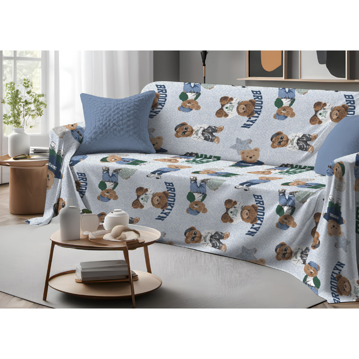 Telo Arredo Copritutto Grand Foulard Copridivano Copriletto 100% Cotone Disegno Teddy Azzurro