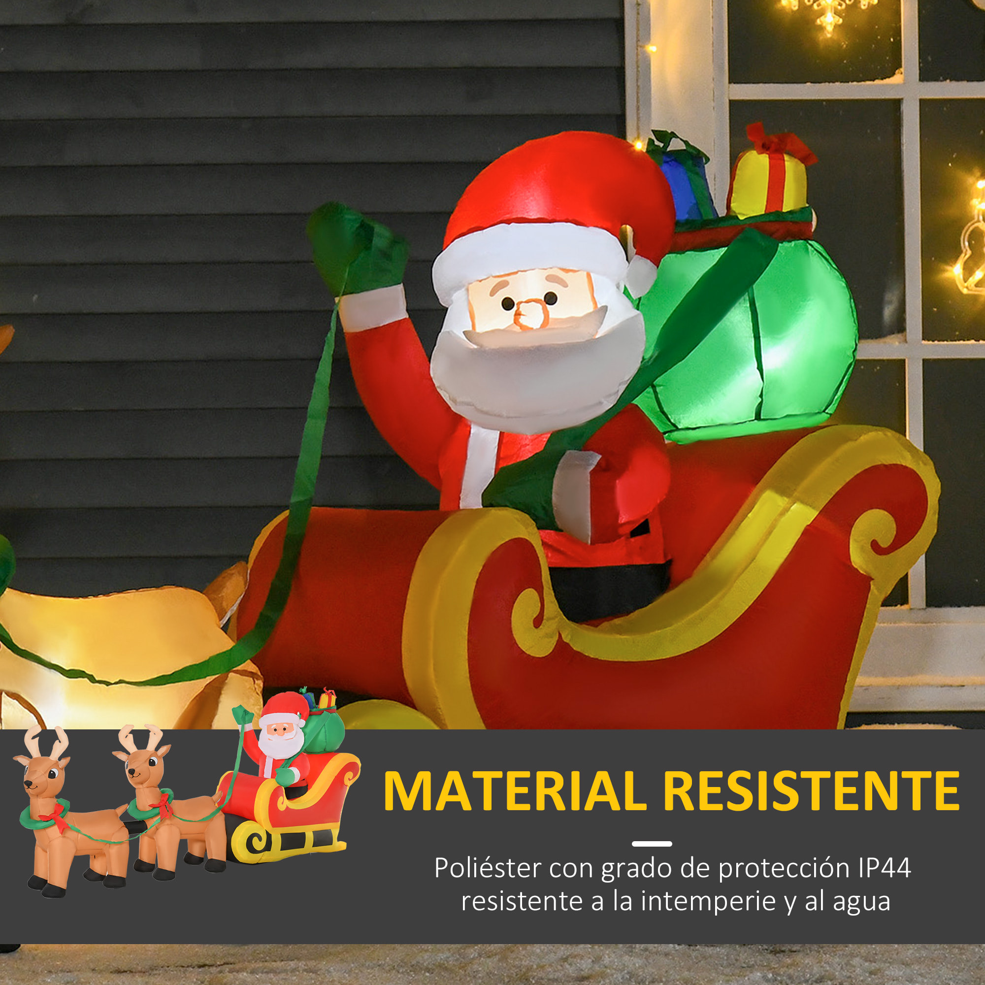 HOMCOM Papá Noel Inflable con Trineo y Renos con Luces LED Decoración de Navidad para Exterior Aire Libre con Inflador 240x57x112 cm Multicolor