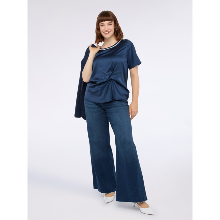 Fiorella Rubino - T-shirt bimaterica con drappeggio e strass - Blu