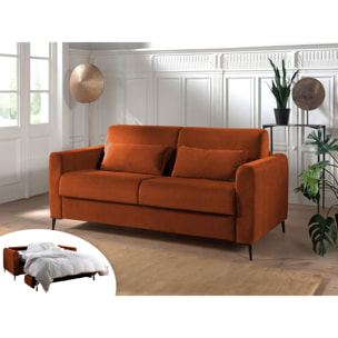 Owen - canapé lit 3 places convertible express couchage quotidien 140 cm matelas 12 cm en velours - Rouille