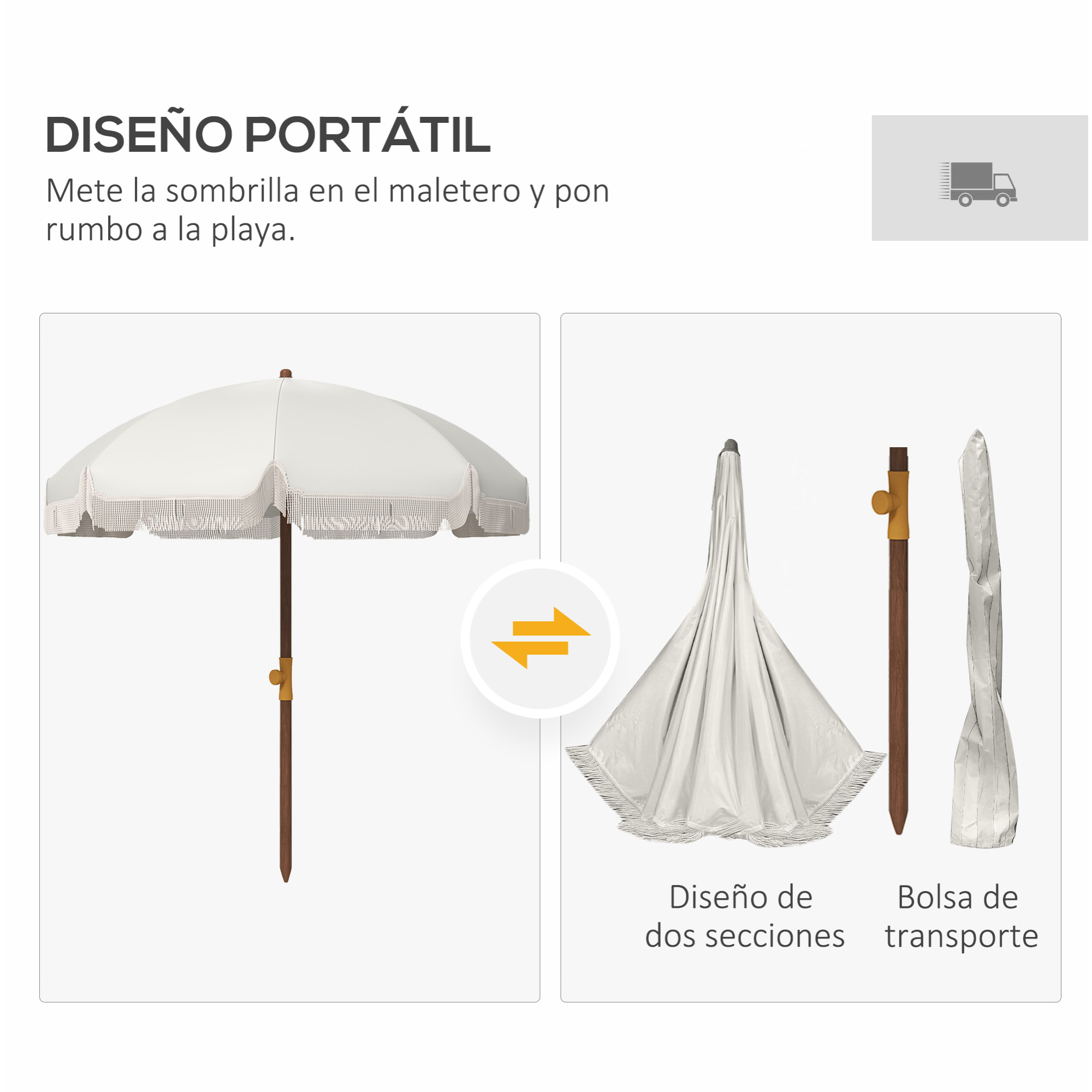 Sombrilla de Playa con Flecos Ø190x210 cm Parasol para Terraza con 8 Varillas Apertura Manual Anti-UV Impermeable y Bolsa de Transporte para Jardín Piscina Crema
