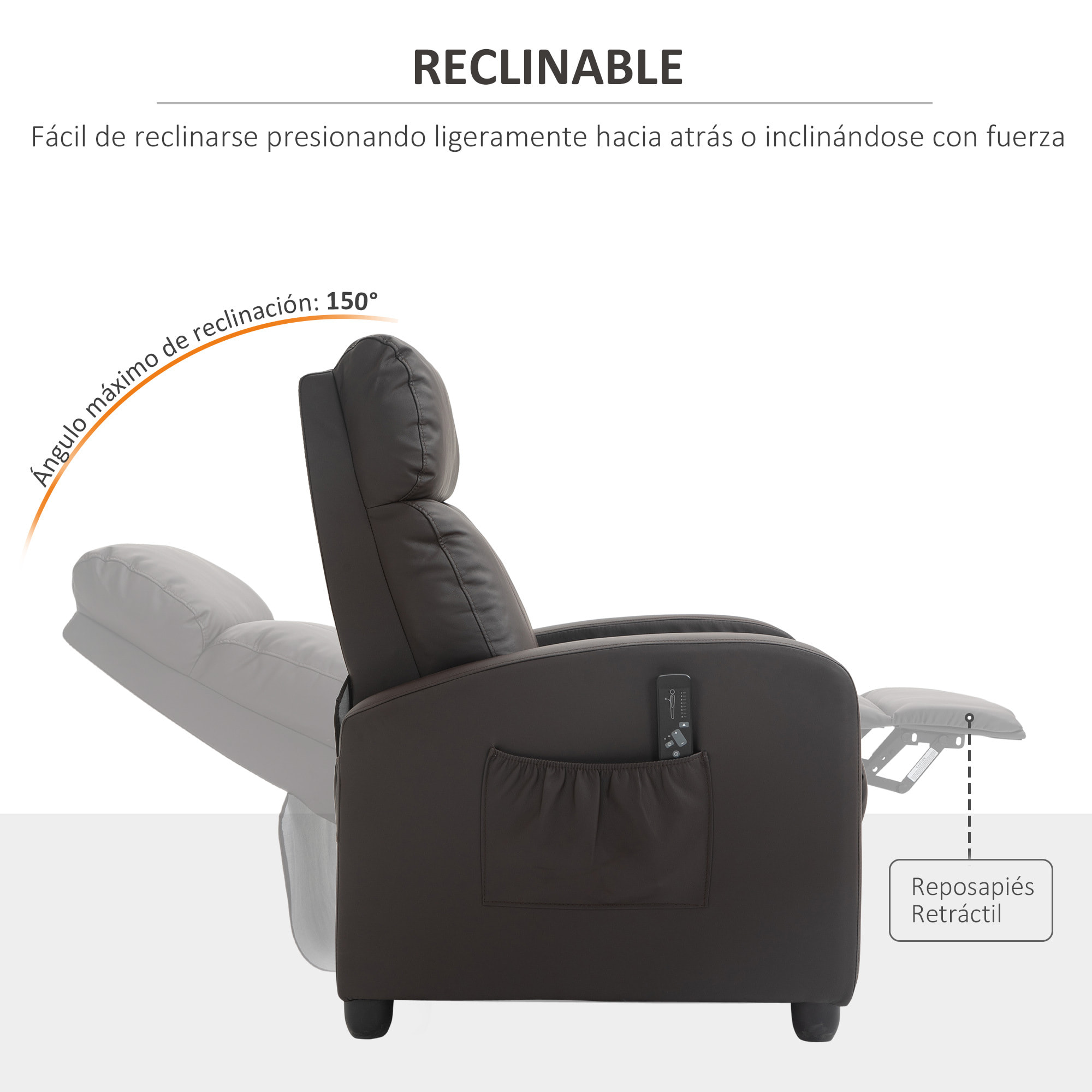 Sillón de Masaje Relax Reclinable con Mando a Distancia 2 Zonas de Masaje 8 Programas 5 Niveles de Intensidad y Temporizador Tapizado en PU 68x88x98 cm Marrón