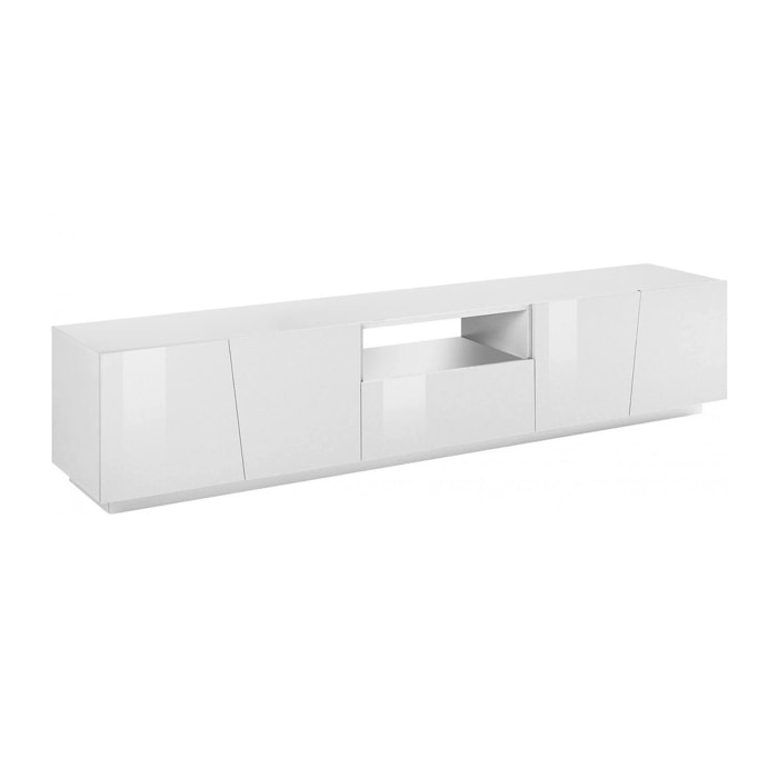 Mobile porta TV Azzurras, Credenza bassa da soggiorno, Base porta televisione, 100% Made in Italy, cm 220x43h46, Bianco lucido, con luce LED