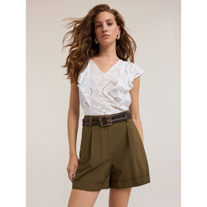 Motivi - Blusa de encaje inglés con volante - Blanco