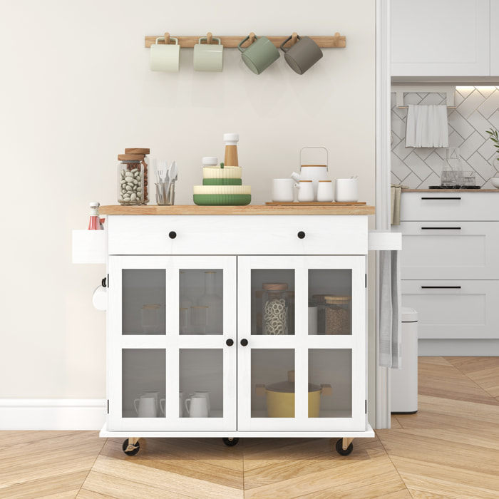 Desserte de cuisine multi-rangement - 2 portes, 2 étagères, tiroir, porte-épices, porte-torchon - blanc bois hévéa