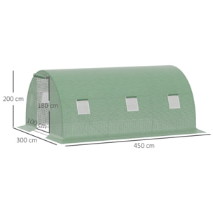 Invernadero de Exterior 4,5x3x2 m Invernadero de Túnel con Paredes Laterales Enrollables 6 Ventanas de Malla y Puerta Enrollable con Cremallera Invernadero para Jardín Patio Verde