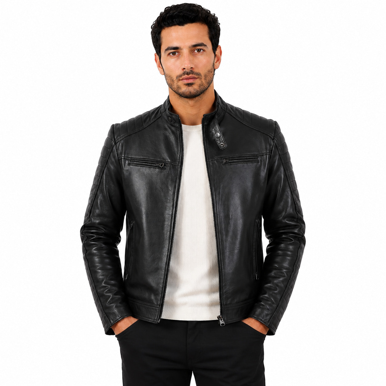 Giubbino in pelle di vitello nappa Nero-Slim Fit