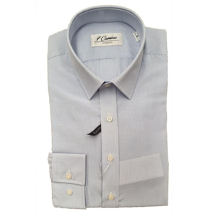 Camicia Uomo 1 Bottone Italiano Slim Popeline Riga Stretta Celeste/Bianco