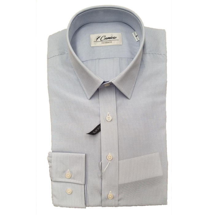 Camicia Uomo 1 Bottone Italiano Slim Popeline Riga Stretta Celeste/Bianco