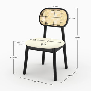 Lot de 2 chaises en bois noir, tissu beige et rotin synthétique - Maria