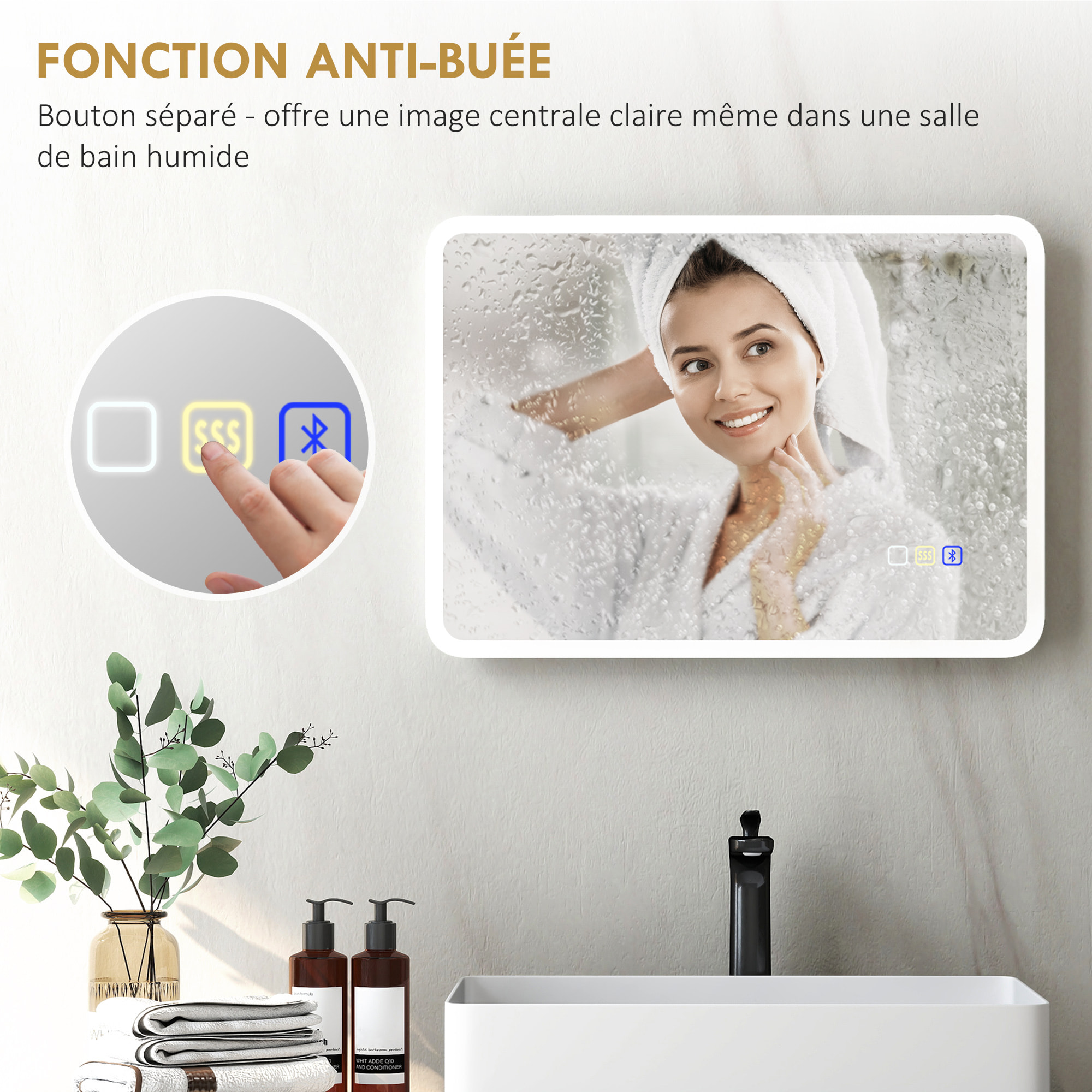 Miroir lumineux LED salle de bain 50 x 70 cm bluetooth interrupteur tactile lumière réglable 3 couleurs fonction anti-buée et mémoire