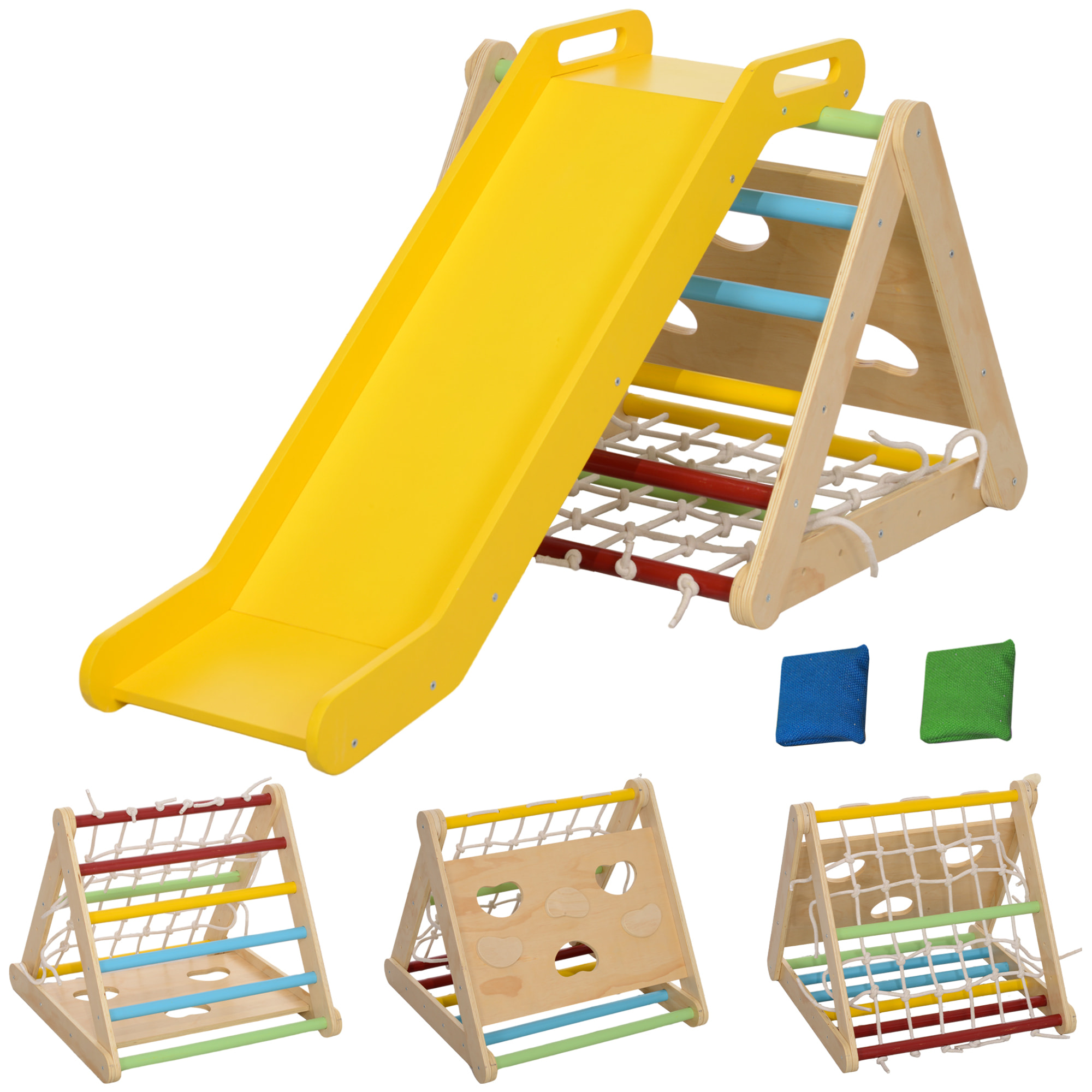 Ensemble d'escalade en bois 5 en 1 - triangle Pikler, toboggan, filet à grimper, rampe, jeu adresse - panneaux bois pin