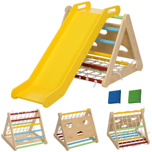 Ensemble d'escalade en bois 5 en 1 - triangle Pikler, toboggan, filet à grimper, rampe, jeu adresse - panneaux bois pin