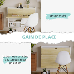Bureau pliable mural avec étagères de rangement et placard, bureau rabattable, effet bois naturel