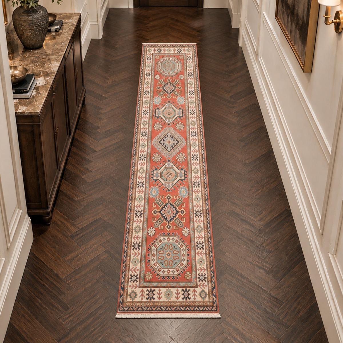 Tapis salon géométrique, noué main en laine, INIKA