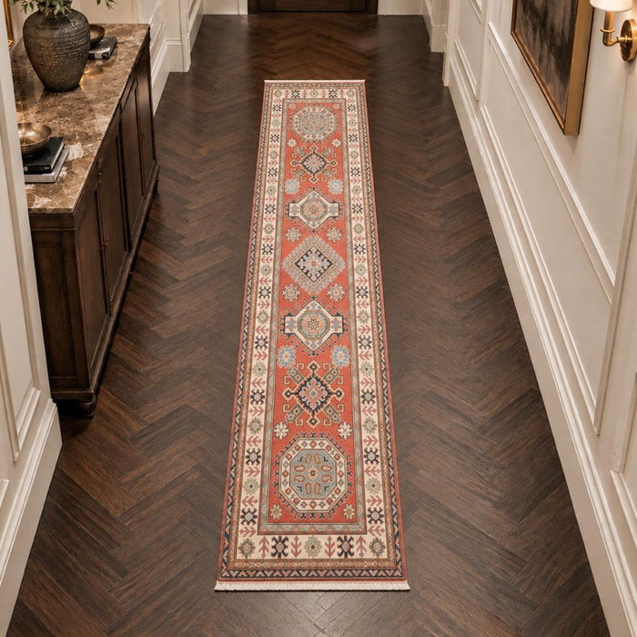 Tapis salon géométrique, noué main en laine, INIKA