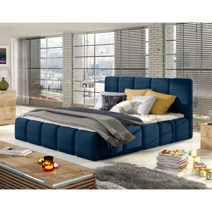 Lucea - lit coffre - 180x200 - sommier inclus - en velours - Bleu nuit