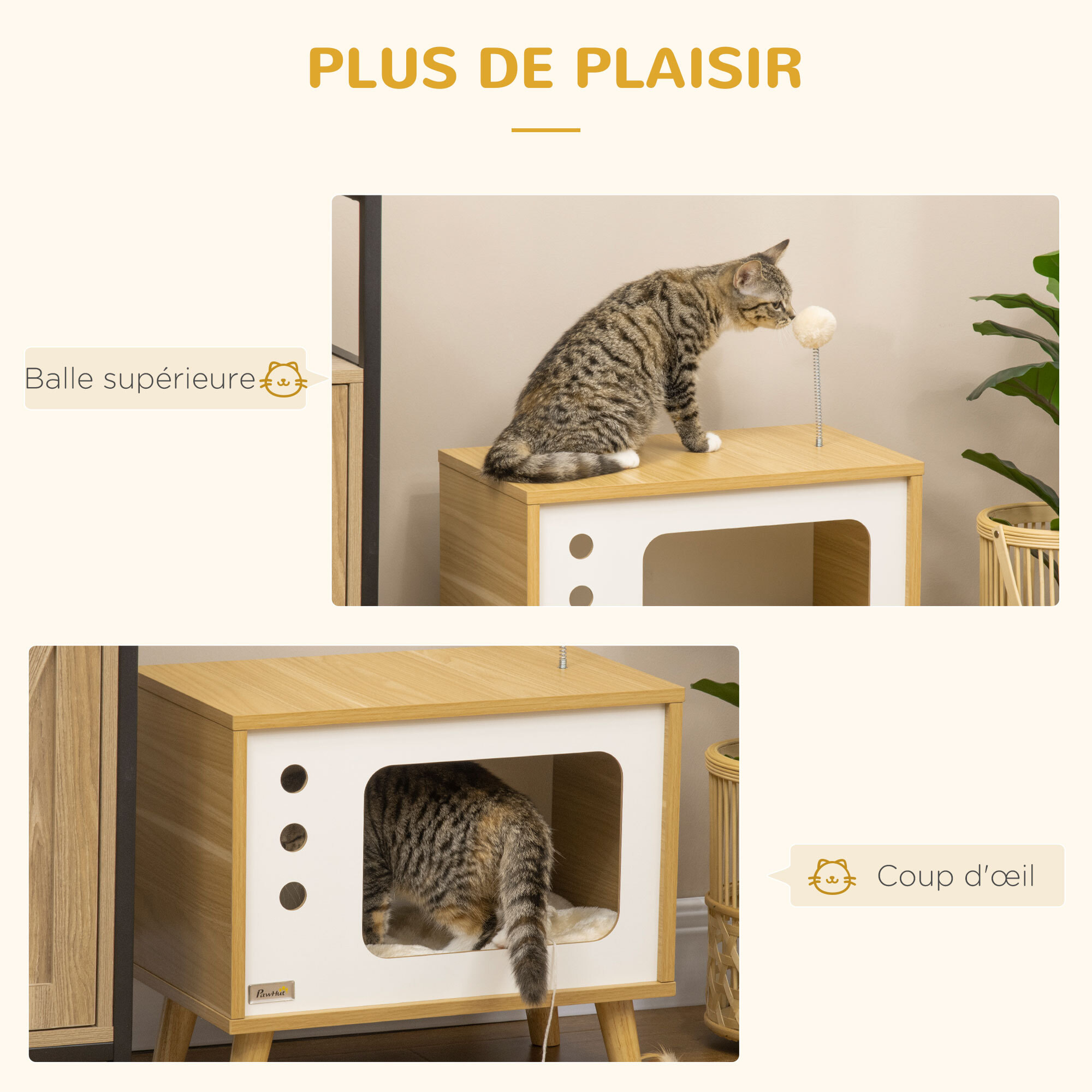 Maison pour chat design poste de télévision - niche chat panier chat - 2 coussins amovibles, boule à ressort - panneaux aspect bois clair blanc