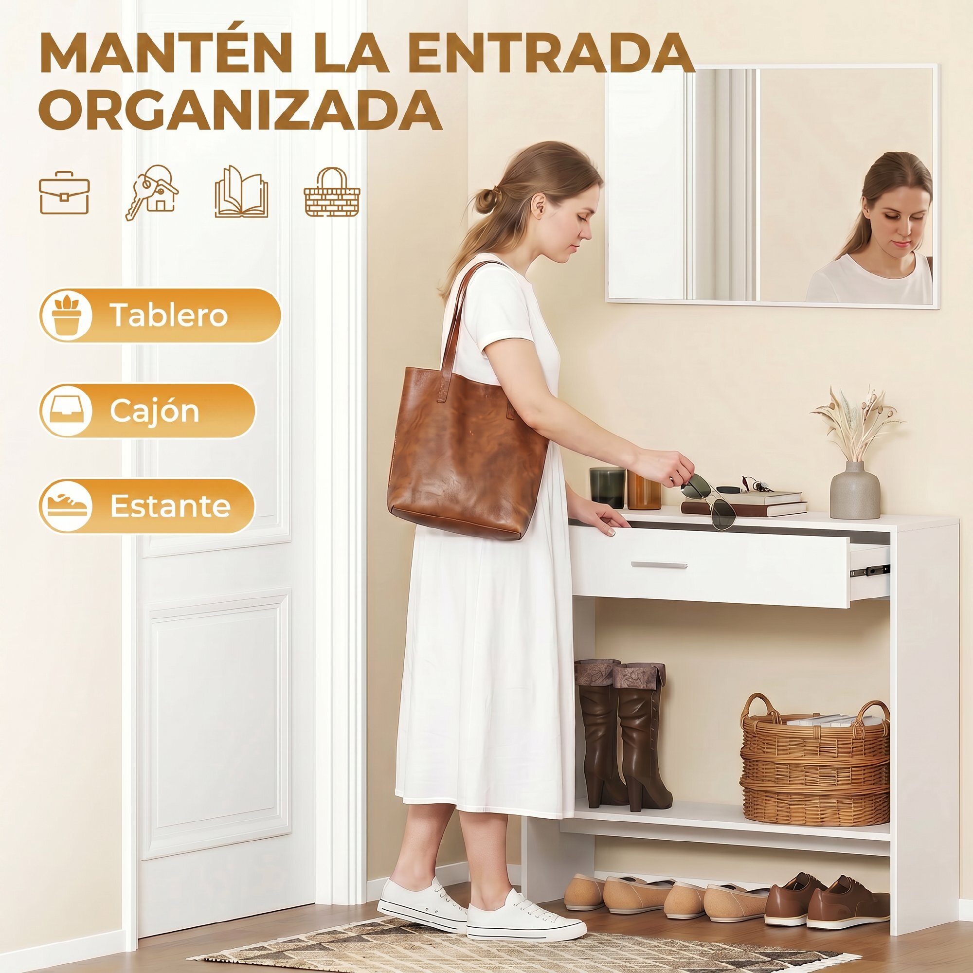 Recibidor de Entrada con Espejo, Cajón y Estante, Mueble de Recibidor de 2 Piezas con Mesa Consola y Espejo, Diseño Antivuelco, para Pasillo, 91,5x27,9x85,5 cm, Blanco