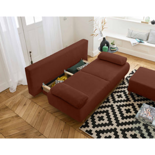 Cristal - canapé 3 places - convertible avec coffre et pouf - en velours côtelé - Terracotta