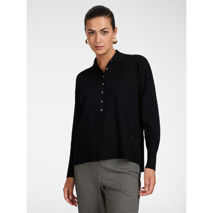 Elena Mirò - Maglia polo in viscosa con bottoni gioiello - Nero