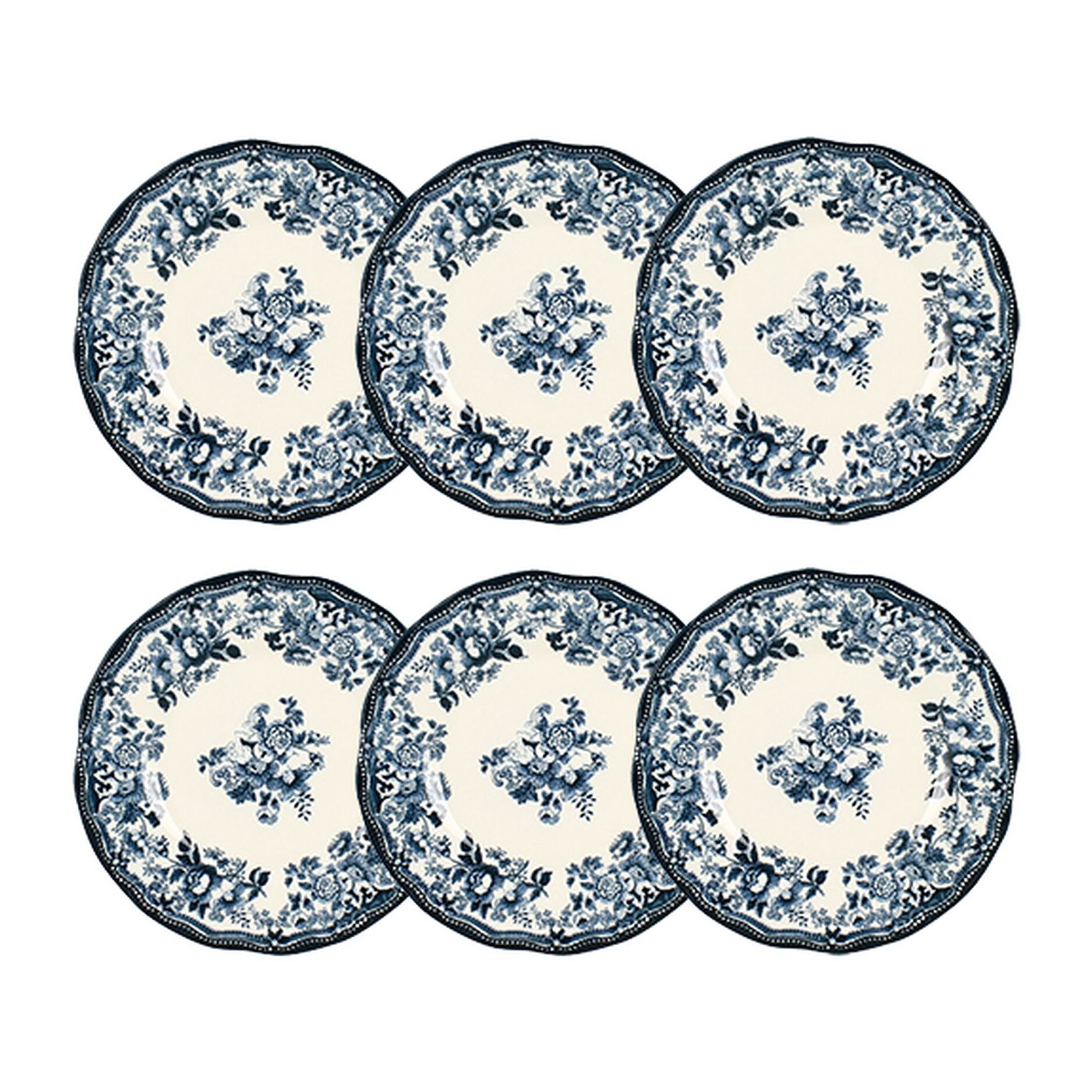 Lot de 6 assiettes à dessert fleuries en porcelaine bleu 20cm FAUSTINE