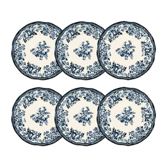 Lot de 6 assiettes à dessert fleuries en porcelaine bleu 20cm FAUSTINE
