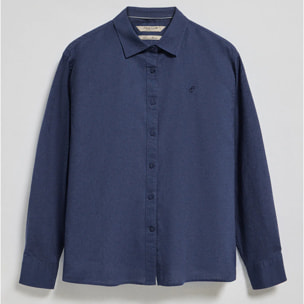 Camisa azul marino loose fit de lino y algodón con monograma bordado