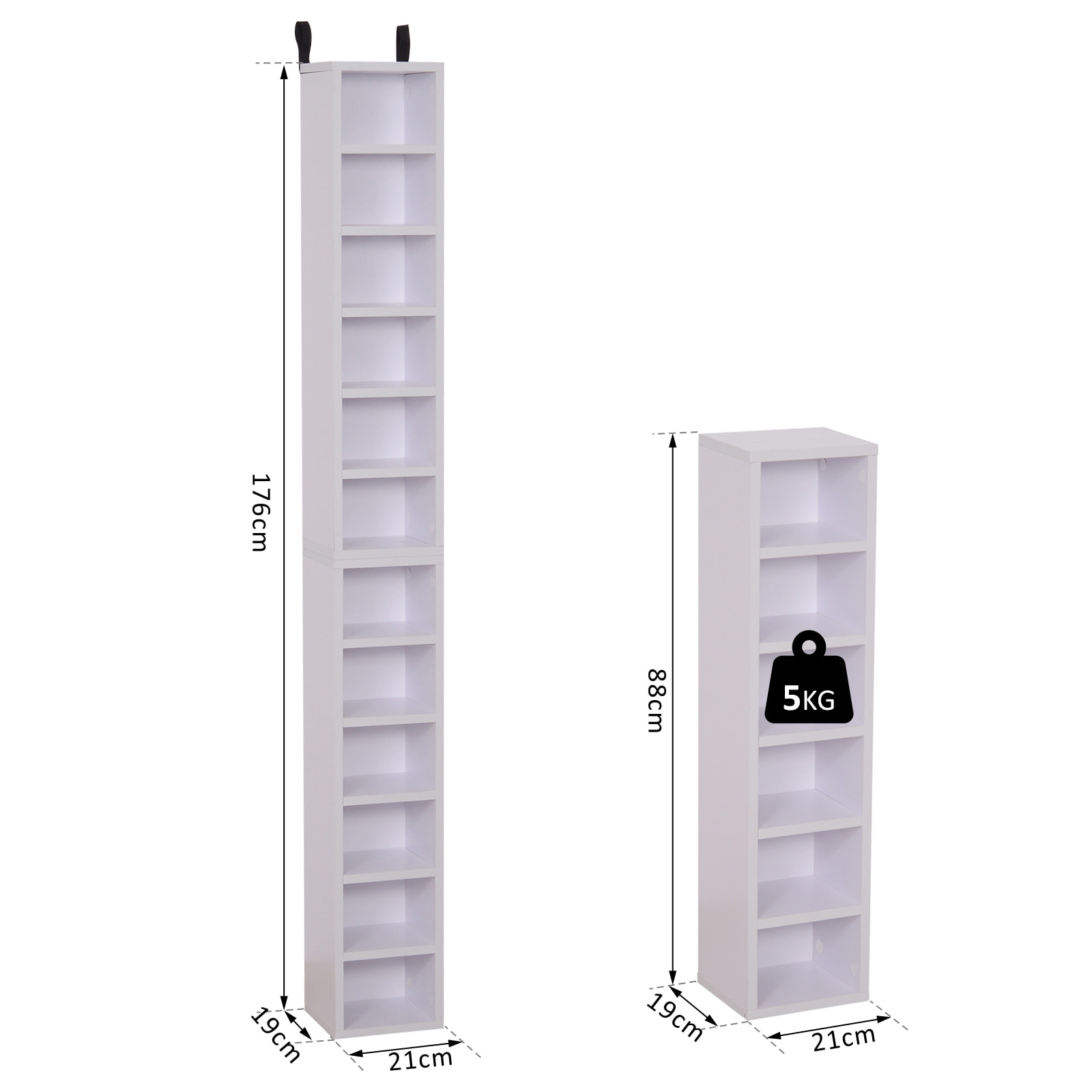 Lot de 2 étagères colonnes armoire de rangement CD-DVD 6 + 6 compartiments dim. 21L x 19l x 88H cm capacité max. 204 CD blanc