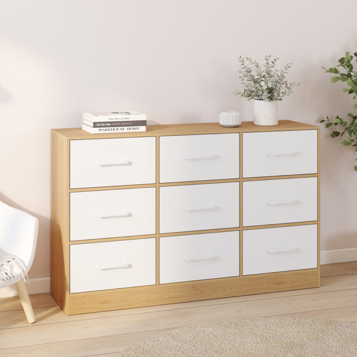 Commode Uma 9 tiroirs bois et blanc
