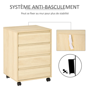 Caisson de bureau rangement bureau sur roulettes 4 tiroirs coulissants MDF aspect bois clair