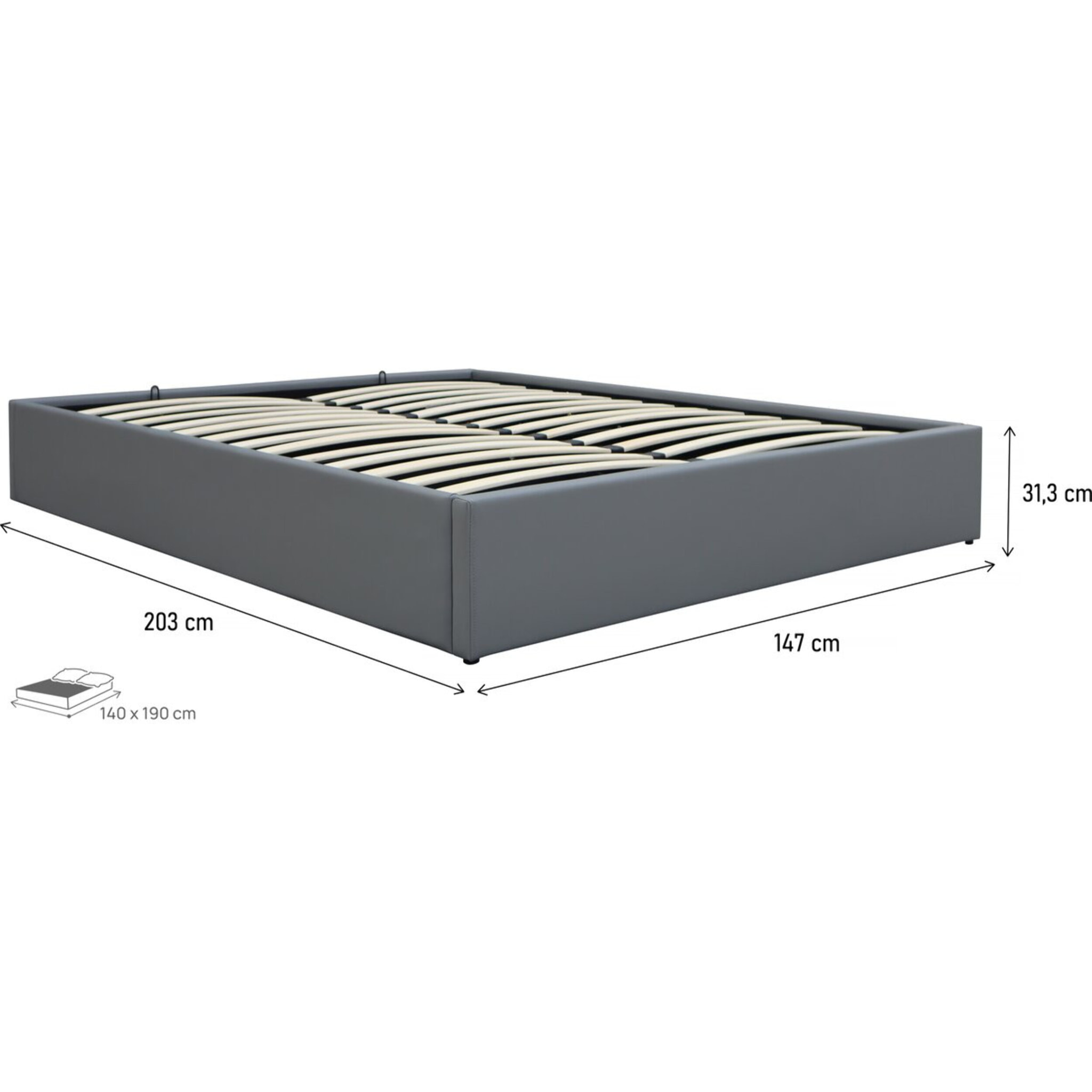 Lit double en PVC avec coffre "Ava" - 140 x 190 cm - Gris