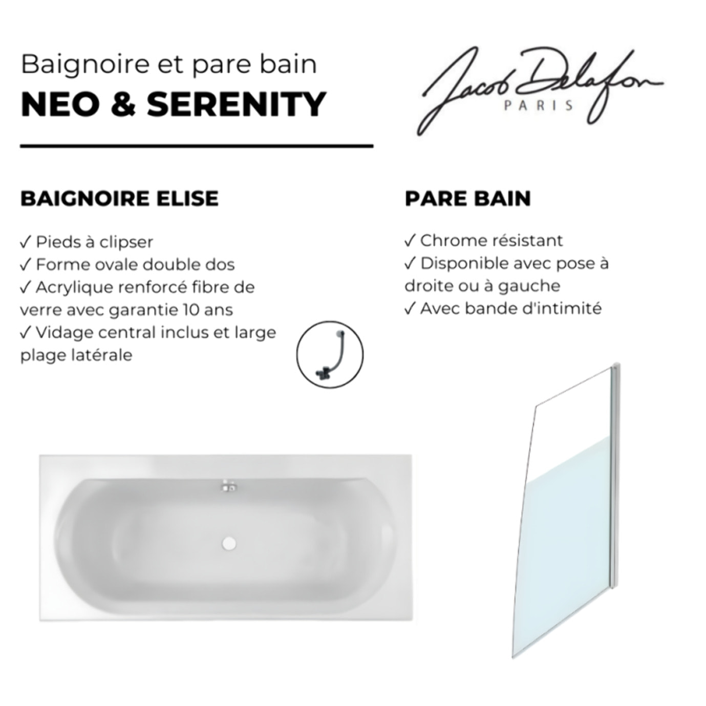 Baignoire droite 170 X 75 Elise acrylique + pare bain volet droite + vidage