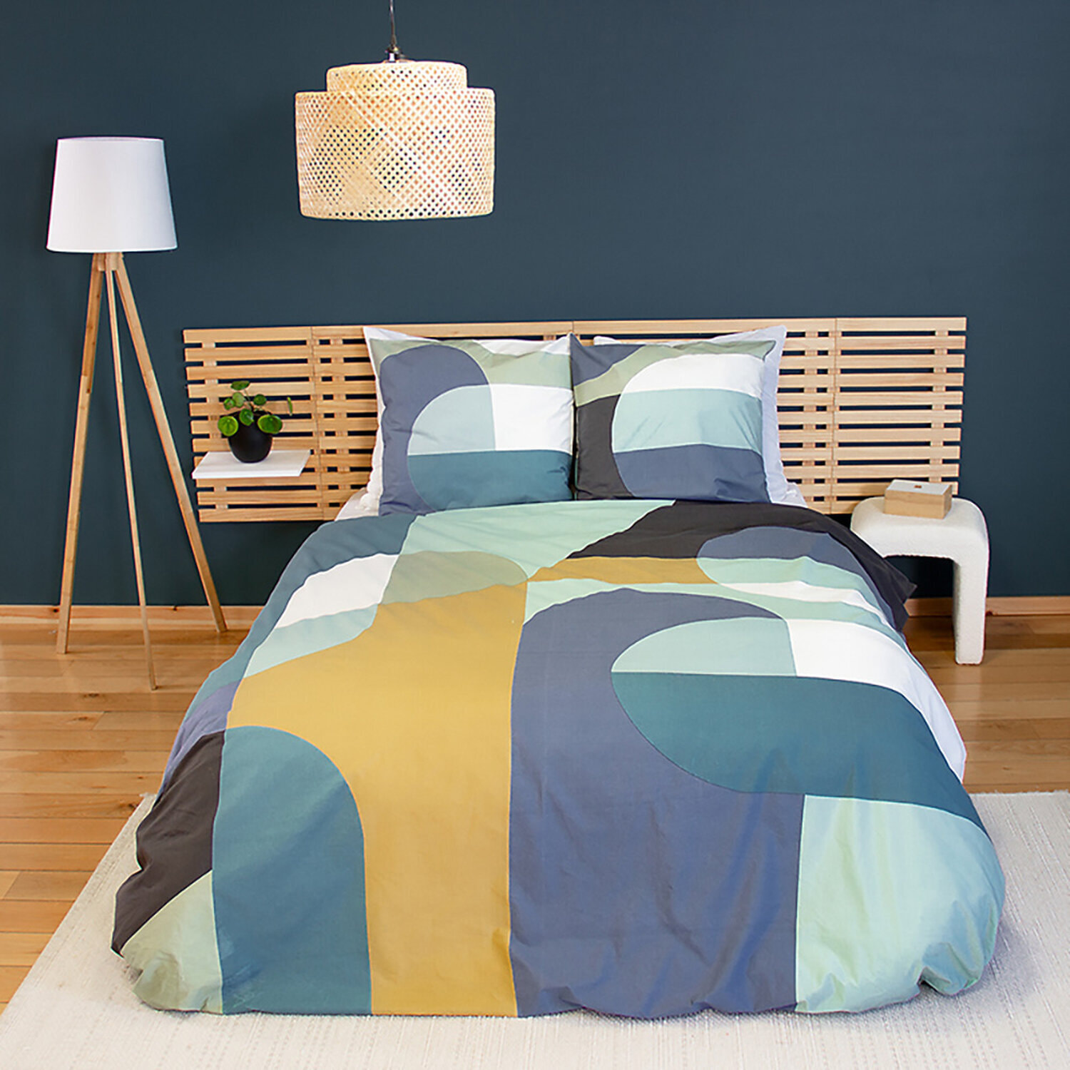 Parure housse de couette 100% coton motifcolor block - bleu et ocre