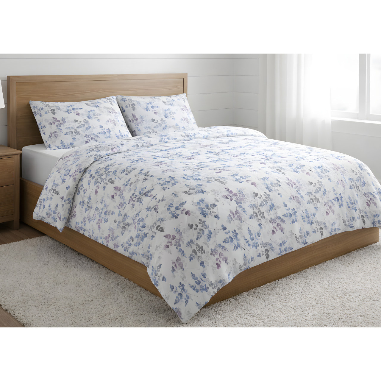 Parure Copripiumino 100% Cotone Made In Italy Fantasia Floreale Disegno Petalo Azzurro