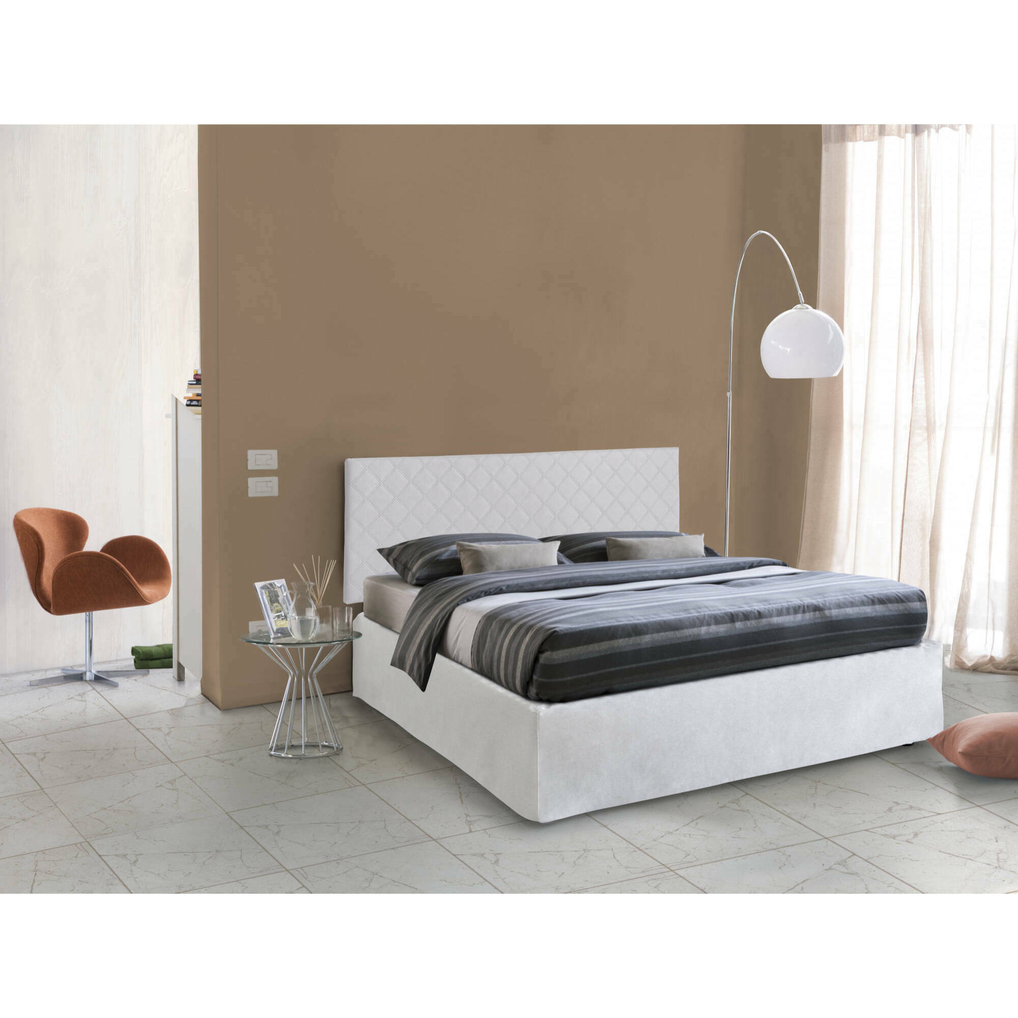 Letto matrimoniale Alfredo, Set testata in ecopelle con rete ortopedica e mantovana, 100% Made in Italy, adatta a materasso da Cm 160x190, Bianco