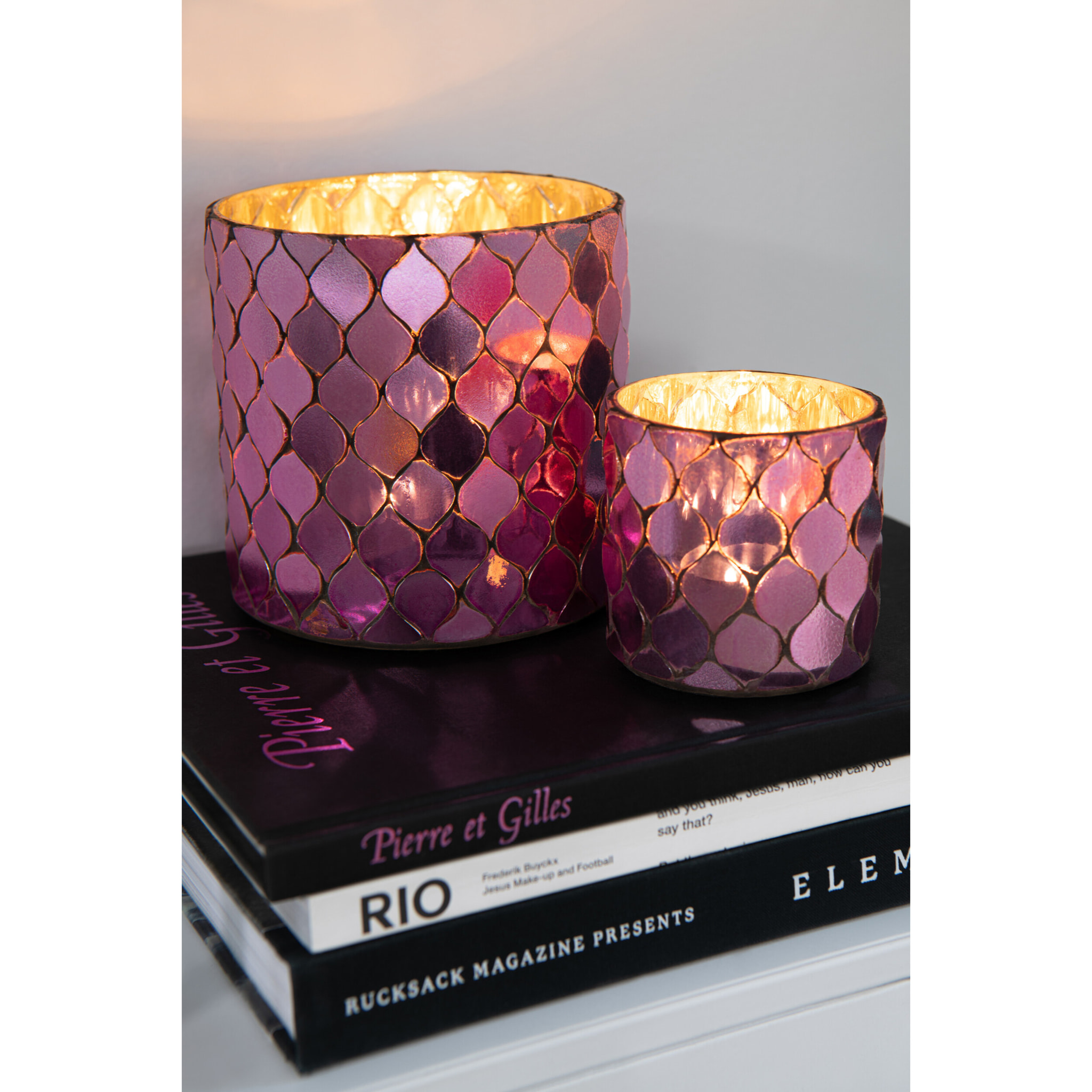 J-Line bougeoir Cylindre Mosaïque - verre - fuchsia