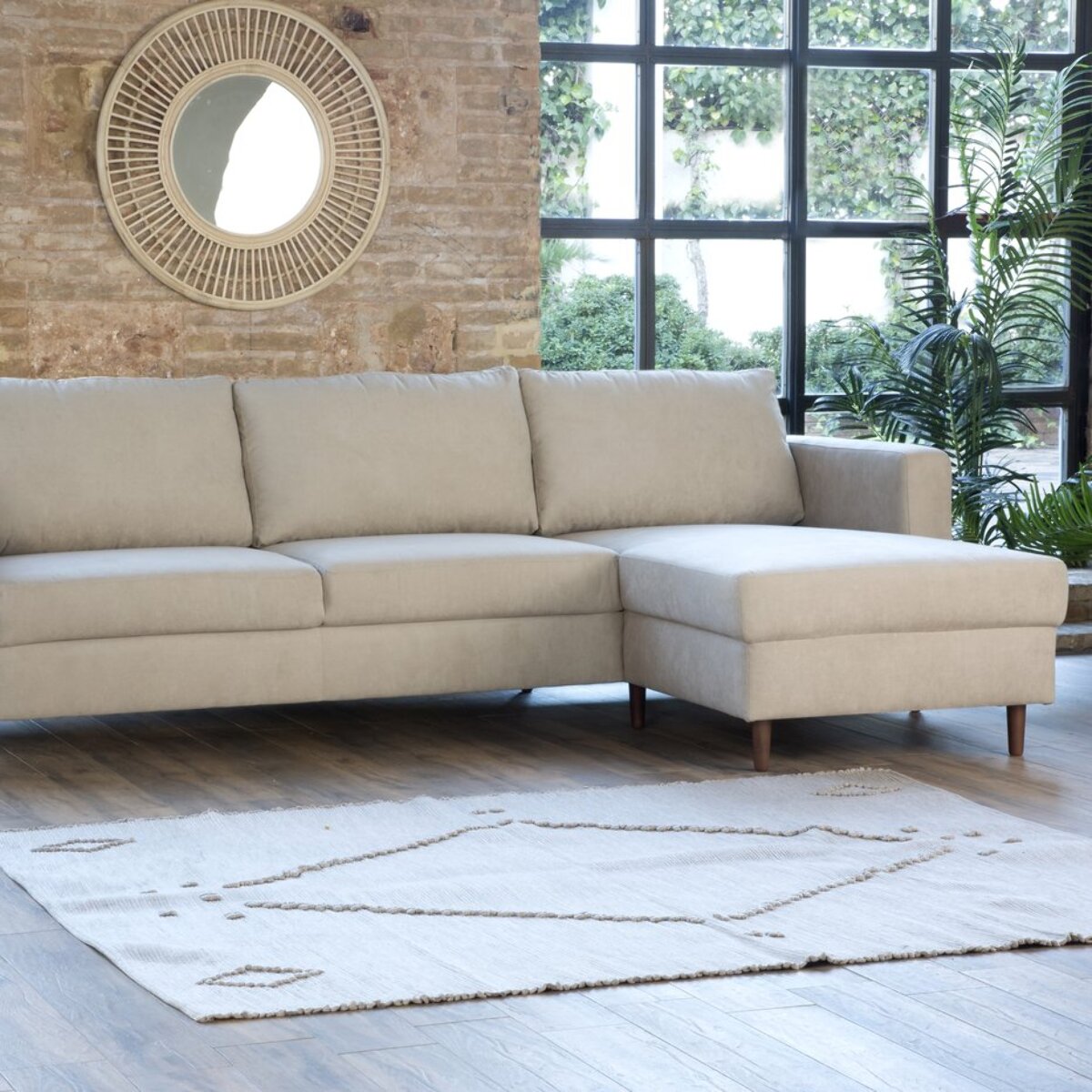 Canapé d'angle Vinson -textile, mousse pu, bois et panneau de particules-couleur beige 251 x 85 x 146 cm