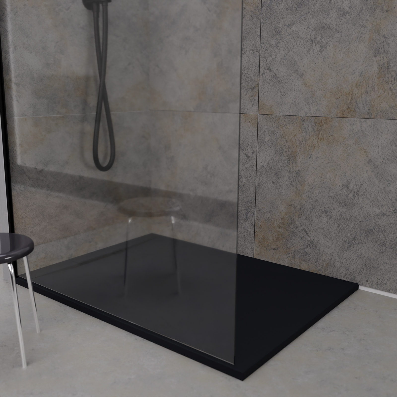 Receveur 120x80x3cm Extra-plat en Polybéton Noir Mat Effet Pierre - Redécoupable - LIANA