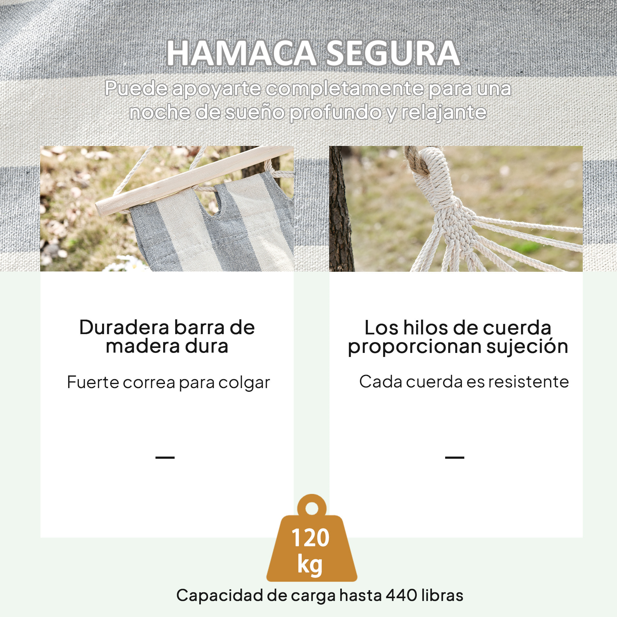Hamaca de Jardín 200x100 cm Hamaca Colgante con Travesaños de Madera Carga 120 kg para Patio Terraza Balcón Camping Gris y Crema