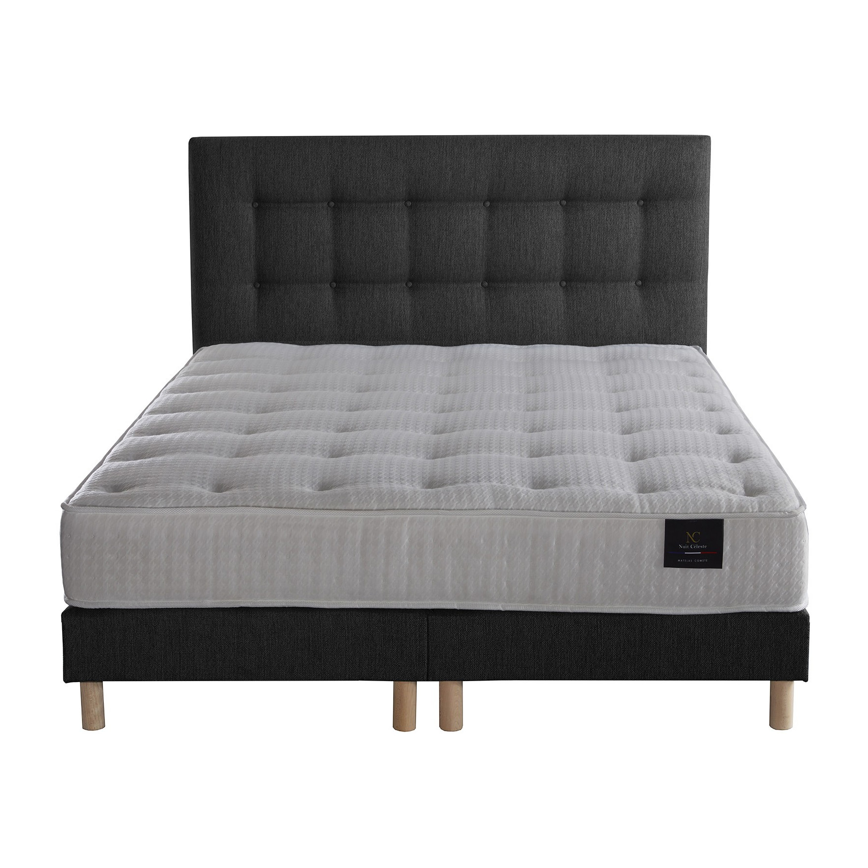 Ensemble Nova + tête de lit capitonnée - Matelas ressorts ensachés Mémoire de forme - Sommier Gris Anthracite