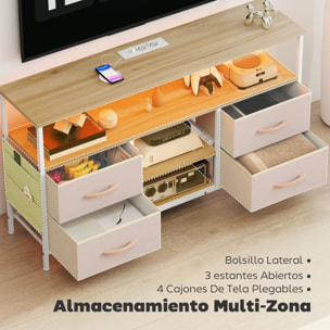 Mueble de TV con Luz LED, Mueble de TV para Salón con Enchufes, Puertos USB, Estantes Abiertos, 4 Cajones de Tela Plegables y Bolsillo, para Televisión hasta 50 Pulgadas, Beige y Natural